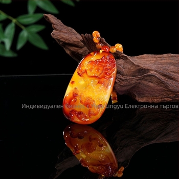 Янтарна висулка дракона върху верига за пуловер, верига с топчета, дълга унисекс огърлица, капковидна форма, винтидж стил