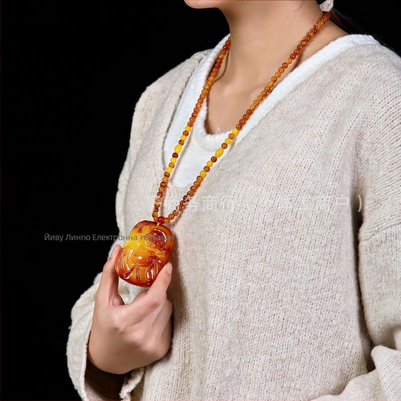 Янтарна висулка дракона върху верига за пуловер, верига с топчета, дълга унисекс огърлица, капковидна форма, винтидж стил