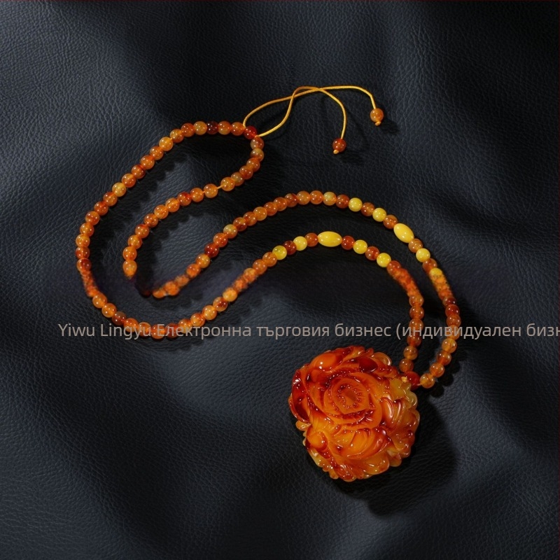 Янтарна висулка дракона върху верига за пуловер, верига с топчета, дълга унисекс огърлица, капковидна форма, винтидж стил