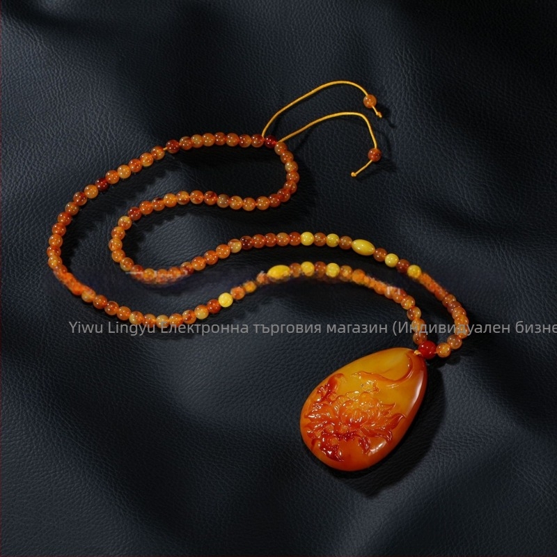 Янтарна висулка дракона върху верига за пуловер, верига с топчета, дълга унисекс огърлица, капковидна форма, винтидж стил