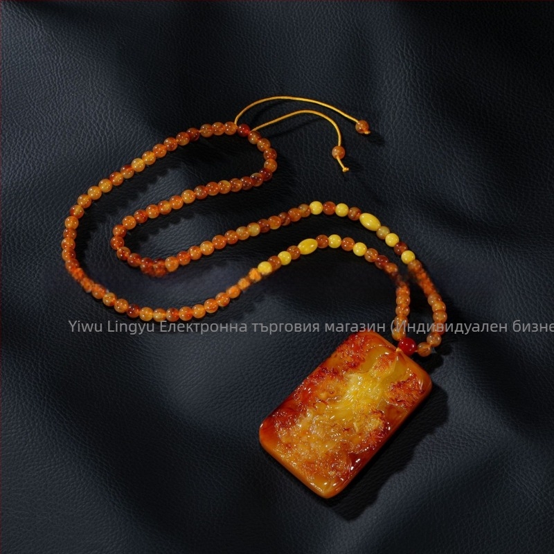 Янтарна висулка дракона върху верига за пуловер, верига с топчета, дълга унисекс огърлица, капковидна форма, винтидж стил