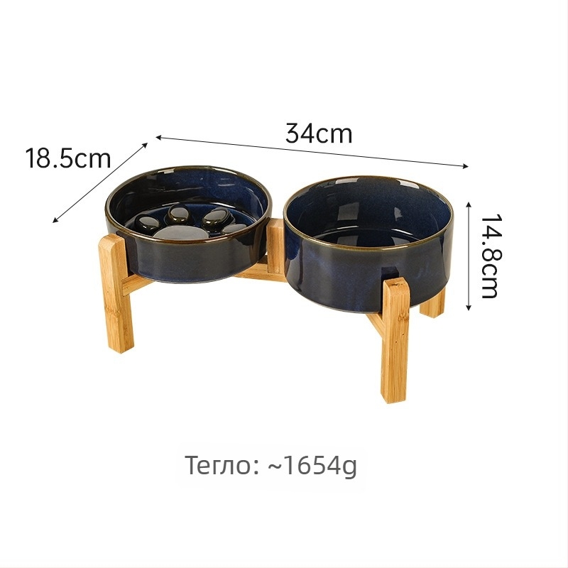 Керамични купички за домашни любимци (за котки и кучета), японски стил, изпичани в пещ, двойни купички за хранене със система за бавно хранене, против задушаване и разливи