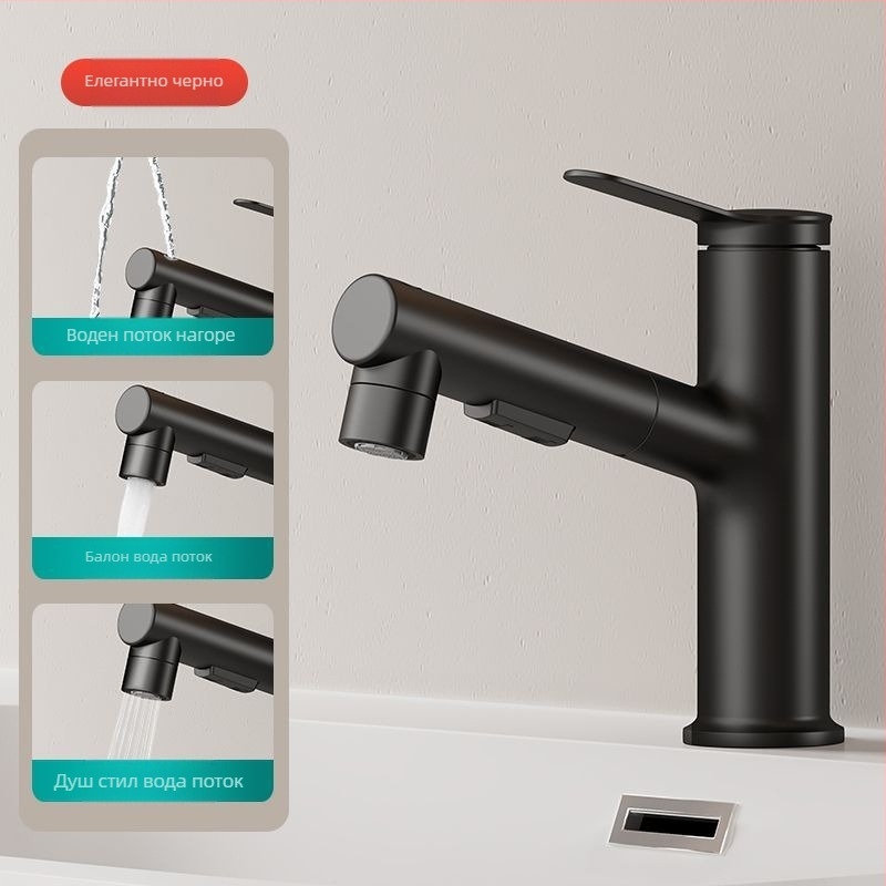 Меден кран за мивка с издърпване, модел JY-8057, въртящ се, вертикално монтиран, керамичен клапан