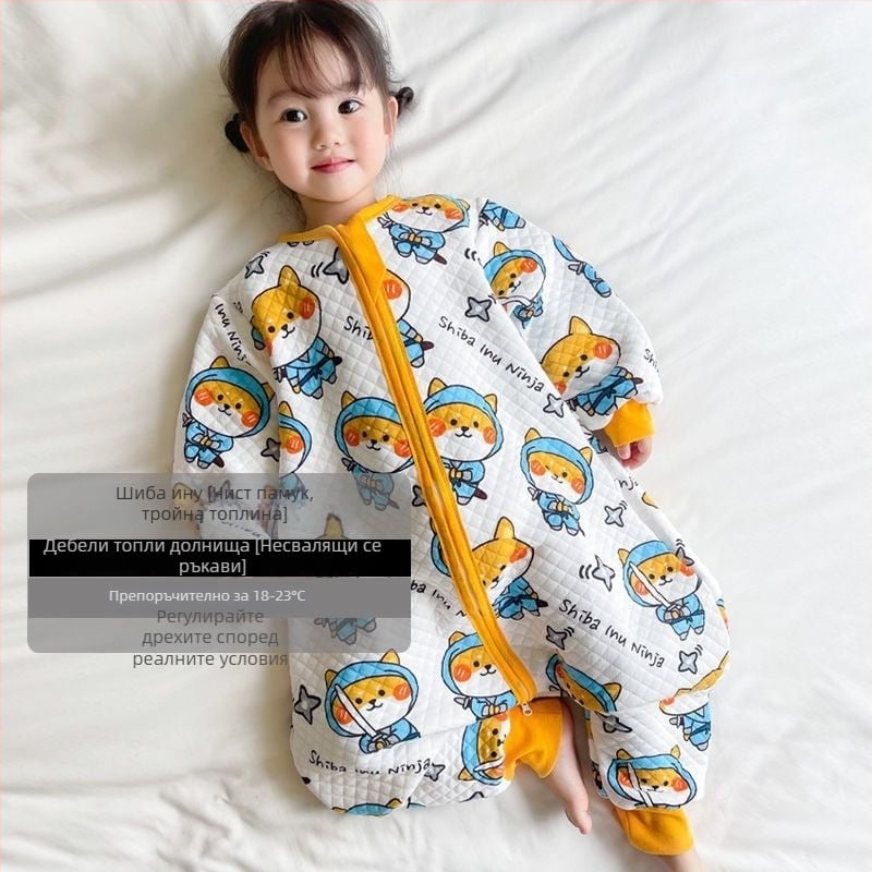 Детски спален чувал със разделени крачета и одеяло против ритници, за всички сезони, външен плат 100% памук, пълнеж полиестер