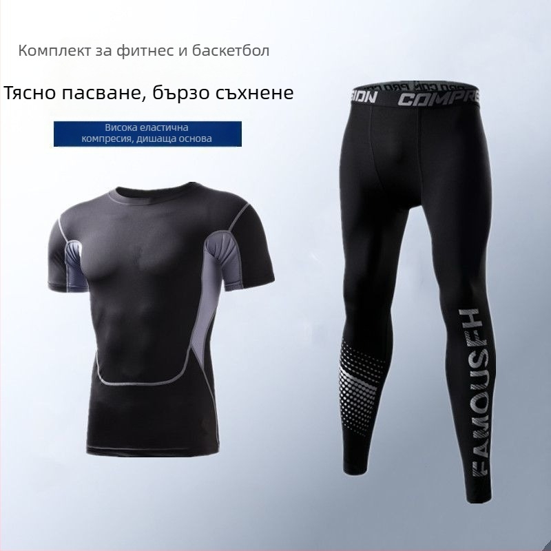 Мъжки комплект за бързосъхнещо тичане — високоеластични клинове с попиване на пот, полиестер/винолон 91–95%