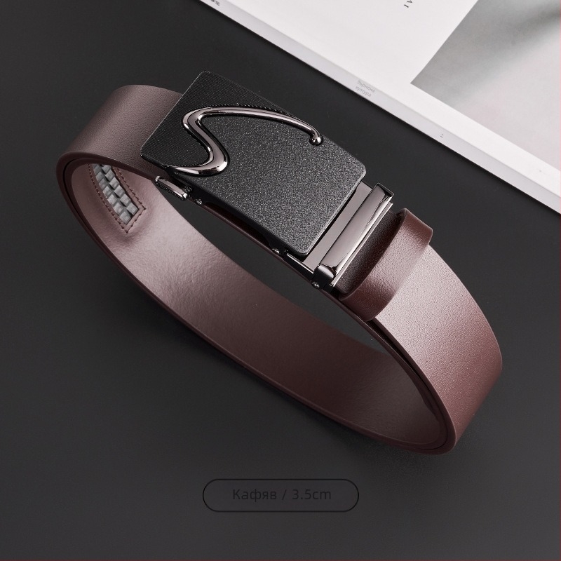 GELING Кожен колан от първи слой телешка кожа, автоматична катарама, растително обработена кожа, еднослоен дизайн