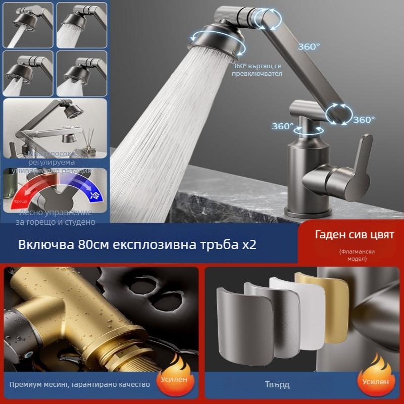 Неръждаема стомана смесител за умивалник с контрол на температурата (1-100°C), гореща и студена вода, монтаж върху плот, модел ZC1099, меден сърцевинен клапан, вход/изход 20 мм