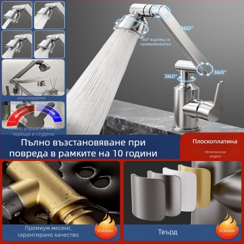 Неръждаема стомана смесител за умивалник с контрол на температурата (1-100°C), гореща и студена вода, монтаж върху плот, модел ZC1099, меден сърцевинен клапан, вход/изход 20 мм