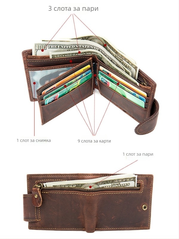 Портфейл за карти и шофьорска книжка от естествена кожа, двуслойна телешка кожа, 2 сгъвания, европейско-американски винтидж стил, защита срещу кражба