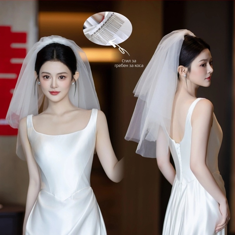 Мрежест сватбен воал за глава, прост женски стил, двойнослоен дизайн с форма на панделка
