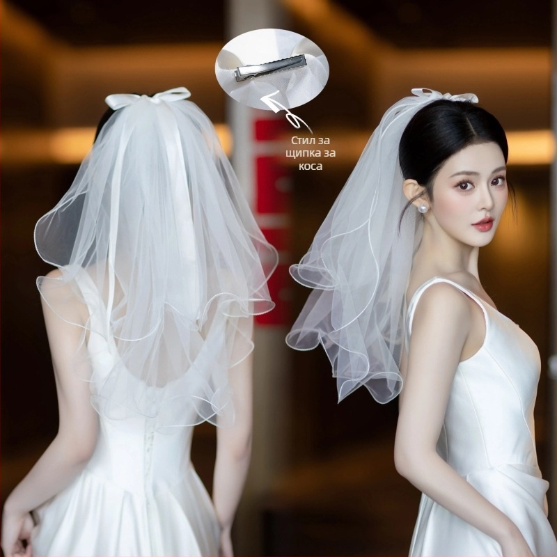 Мрежест сватбен воал за глава, прост женски стил, двойнослоен дизайн с форма на панделка