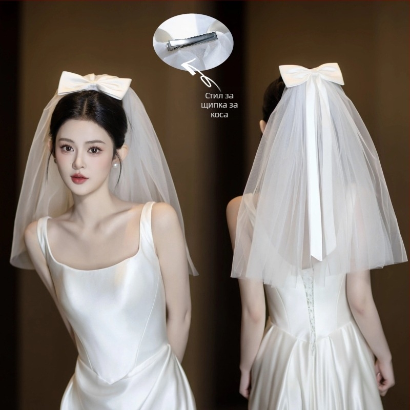 Мрежест сватбен воал за глава, прост женски стил, двойнослоен дизайн с форма на панделка