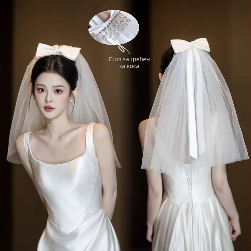 Мрежест сватбен воал за глава, прост женски стил, двойнослоен дизайн с форма на панделка