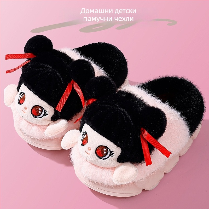 Унисекс памучни чехли с EVA подметка, плюшено горно покритие, подплата от полар, противохлъзгащи, топли и удобни, карикатурен дизайн за зимни и есенни дни