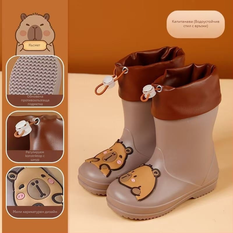 Детски гумени ботуши за дъжд, средно високи, PVC горна част, водоустойчиви, противохлъзгаща подметка, вътрешна памучна подплата, за деца от 6 месеца до 6 години