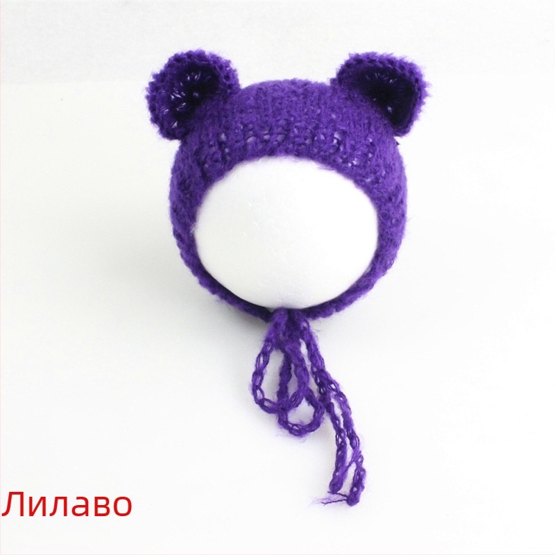 Плетена шапка за бебета от мохер, форма на мечка, куполообразен връх, топла за фотосесия през пролетта и есента, за 0–6 месеца