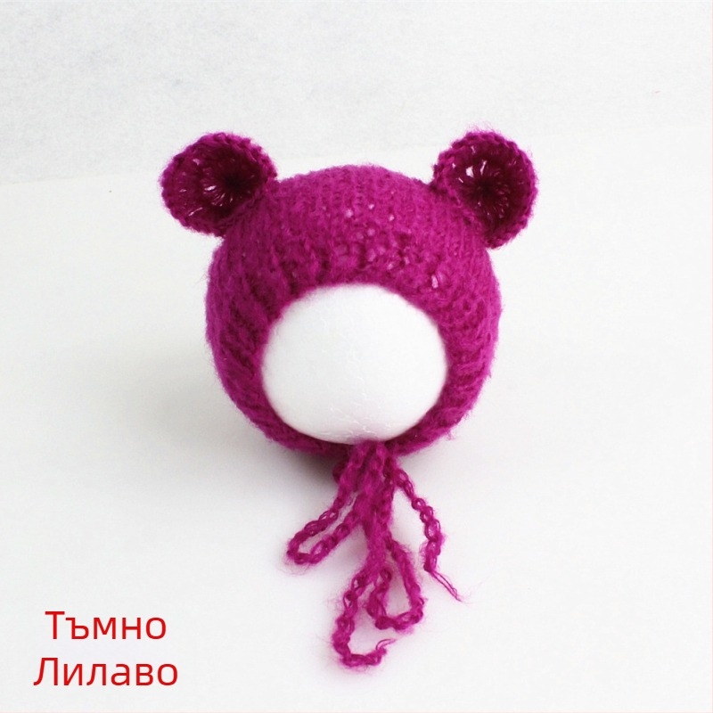 Плетена шапка за бебета от мохер, форма на мечка, куполообразен връх, топла за фотосесия през пролетта и есента, за 0–6 месеца