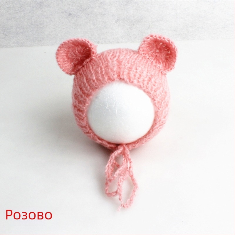 Плетена шапка за бебета от мохер, форма на мечка, куполообразен връх, топла за фотосесия през пролетта и есента, за 0–6 месеца