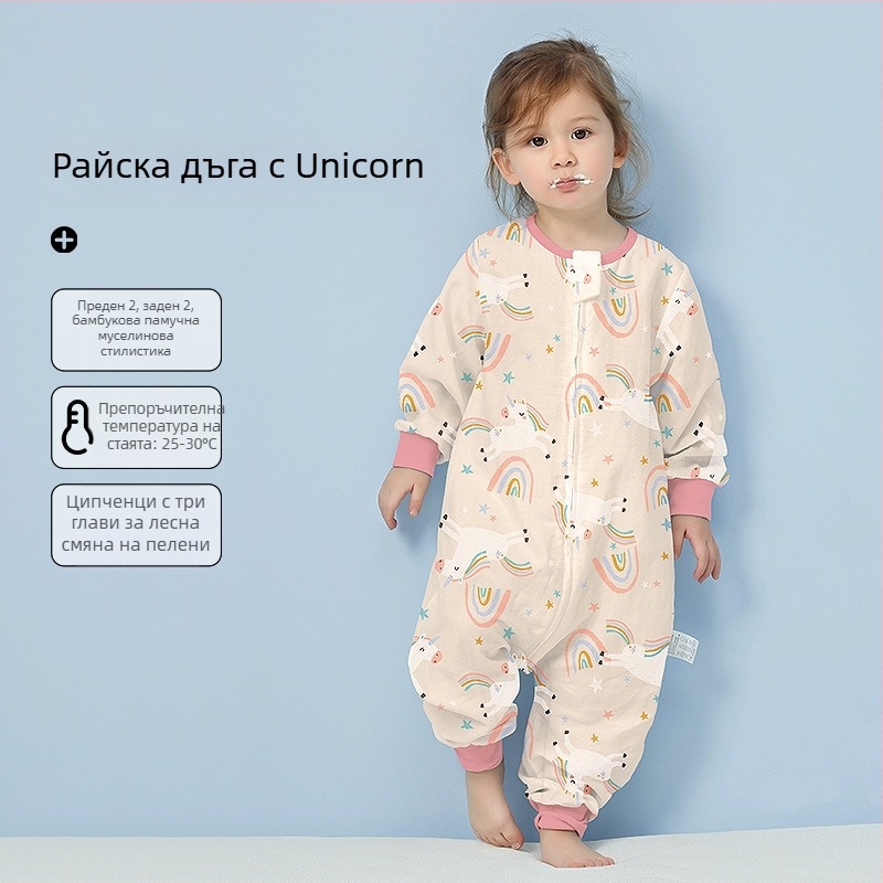 Бебешки спален чувал от 100% памук, лятна тънка версия, подплата от памук, с мультяшен принт, подходящ за деца 1–3 години