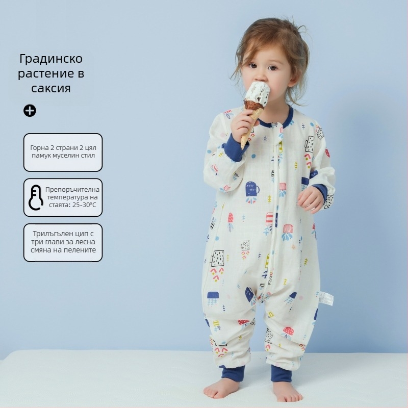 Бебешки спален чувал от 100% памук, лятна тънка версия, подплата от памук, с мультяшен принт, подходящ за деца 1–3 години