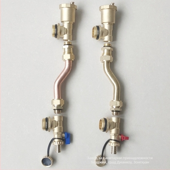 Подово отопление разпределител, медно тяло, резбово свързване, автоматичен обезвъздушаващ клапан, електроплатено покритие, работна температура 1-100°C