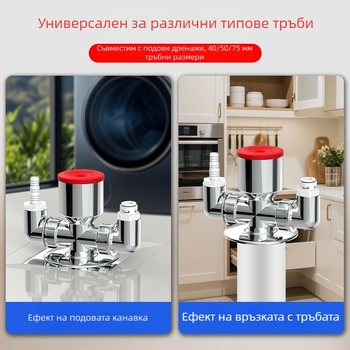 Пералня дренажен тройник с ABS, разклонение 20 мм, воден уплътнител 60, диапазон температура -20–90, монтаж с ръчно натискане