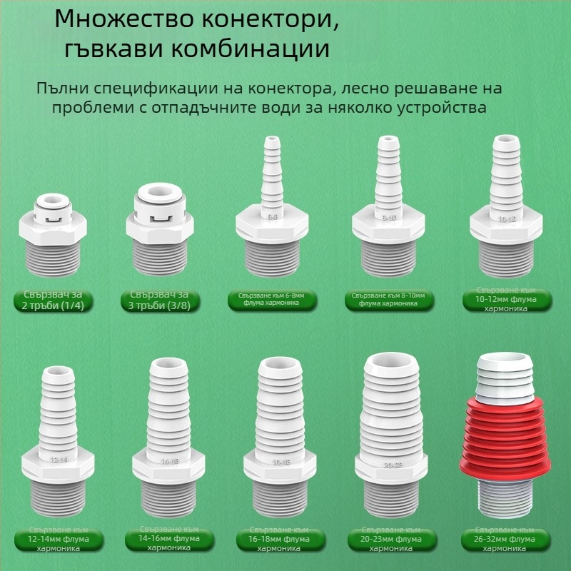 Пералня дренажен тройник с ABS, разклонение 20 мм, воден уплътнител 60, диапазон температура -20–90, монтаж с ръчно натискане