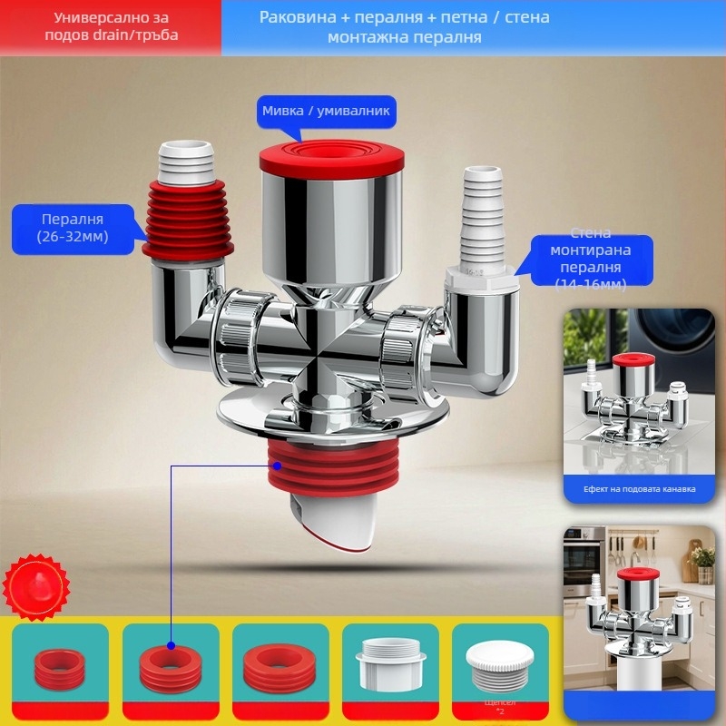 Пералня дренажен тройник с ABS, разклонение 20 мм, воден уплътнител 60, диапазон температура -20–90, монтаж с ръчно натискане