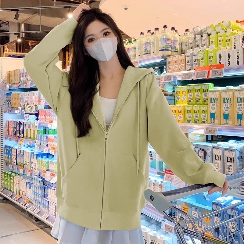 Яке с качулка и цип, свободна кройка, памук-полиестър смес (50–70% памук, 30–50% полиестер), средна дебелина, есен 2024