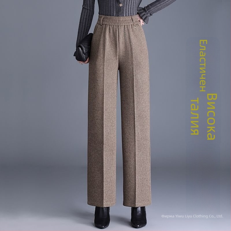 Дамски прави панталони за есенно-зимния сезон, висока талия, с джобове, тъкан с 70–80% вълна и мерцеризирана обработка.