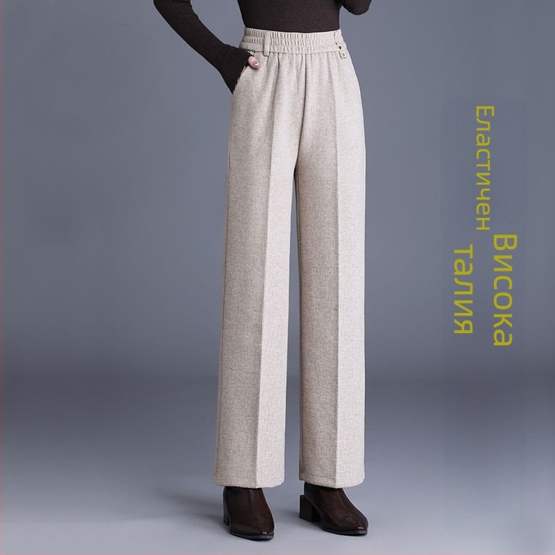 Дамски прави панталони за есенно-зимния сезон, висока талия, с джобове, тъкан с 70–80% вълна и мерцеризирана обработка.