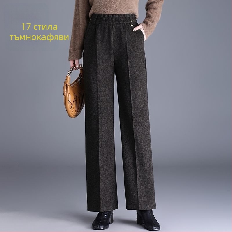 Дамски прави панталони за есенно-зимния сезон, висока талия, с джобове, тъкан с 70–80% вълна и мерцеризирана обработка.
