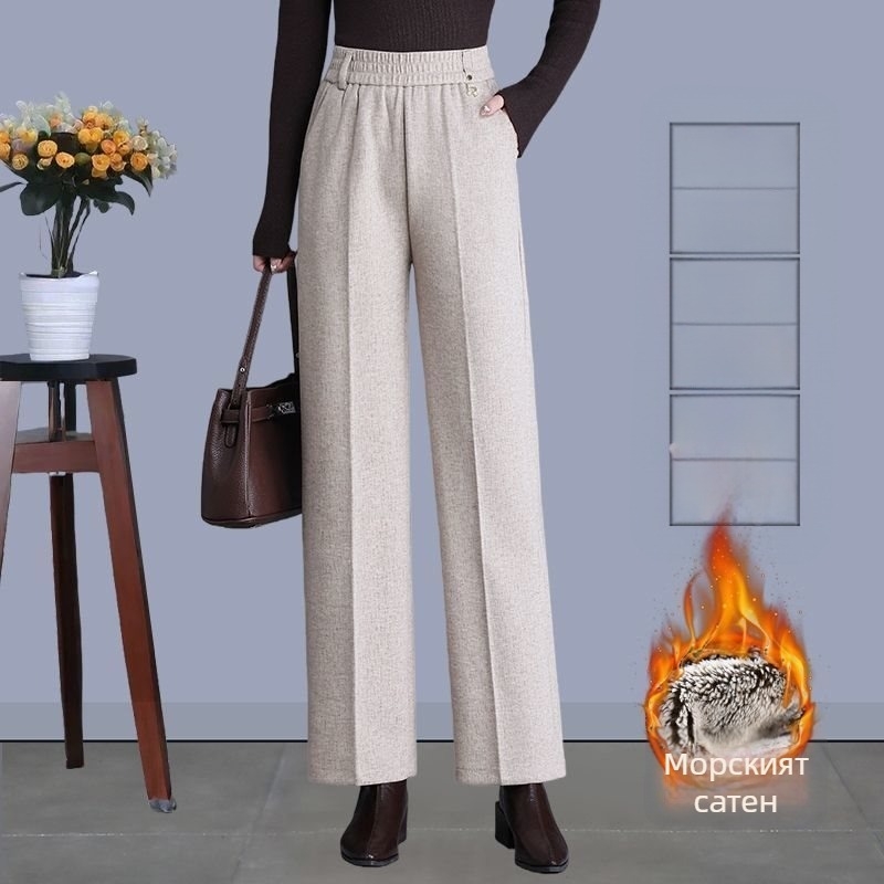 Дамски прави панталони за есенно-зимния сезон, висока талия, с джобове, тъкан с 70–80% вълна и мерцеризирана обработка.