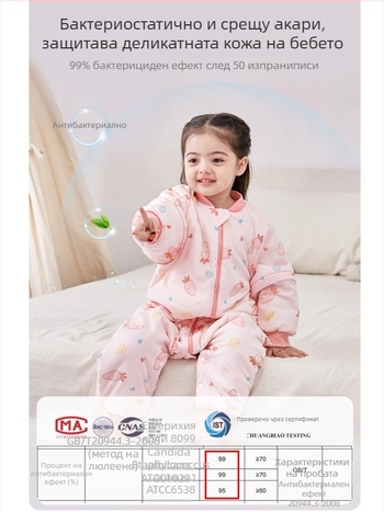 Детски спален чувал без ръкави, дебел пълнеж от полиестер и соево влакно, чист памук отвън и отвътре, антибактериален, метален цип, разделени крачета, подходящ за есенно-зимен период