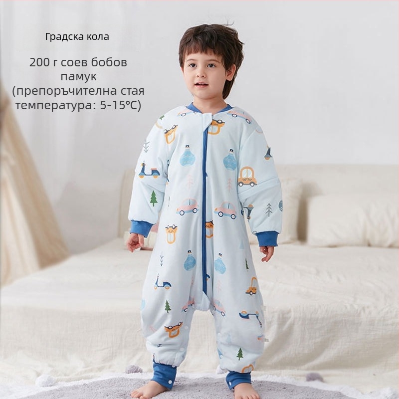 Детски спален чувал без ръкави, дебел пълнеж от полиестер и соево влакно, чист памук отвън и отвътре, антибактериален, метален цип, разделени крачета, подходящ за есенно-зимен период