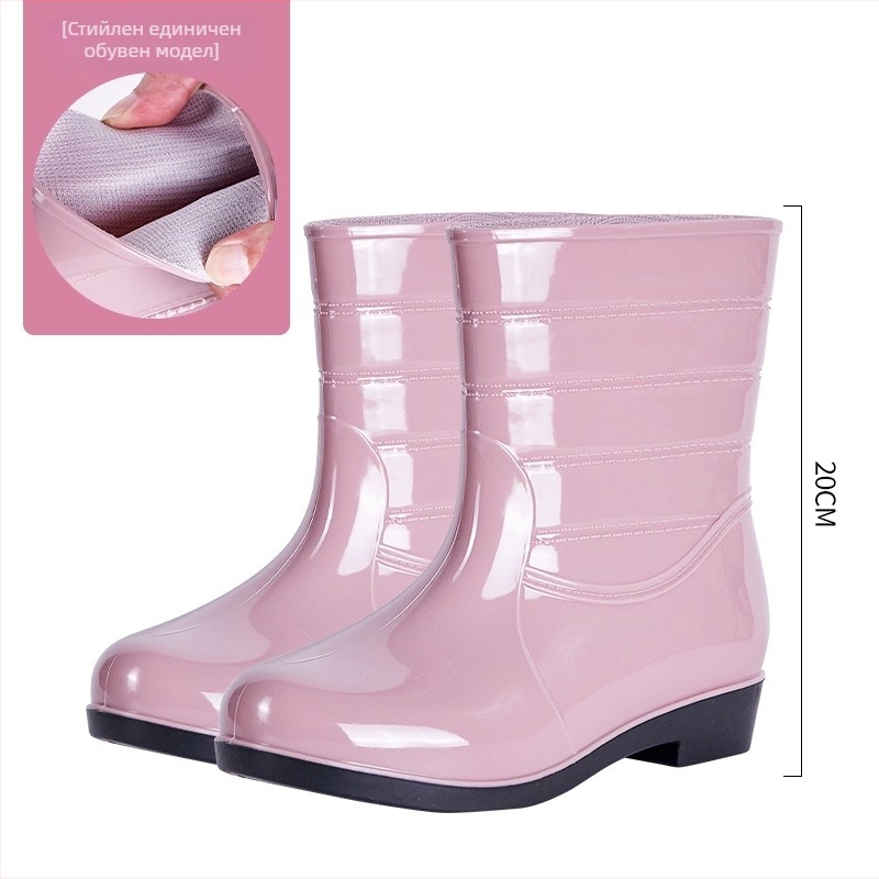 Дамски PVC дъждовни ботуши – къс вал, ниска пета 1–3 см, всесезонни, ежедневен стил.