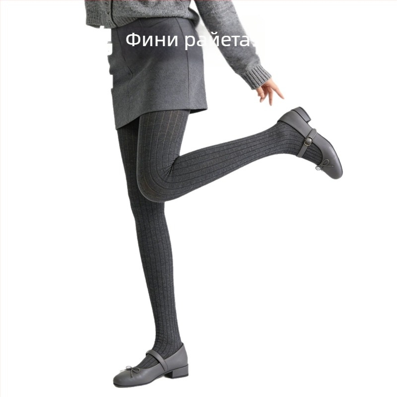 Дамски клин с флис отвътре, дебел и с вертикални райета, висока еластичност, дължина три четвърти, едноцял чорапогащник с анти-плъзгане