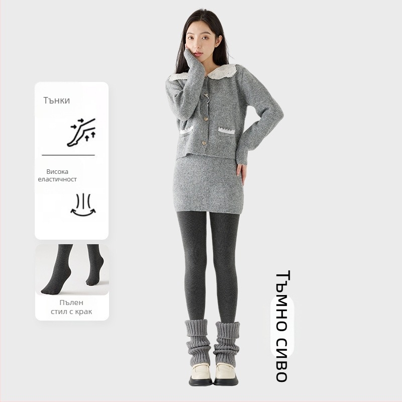 Дамски клин с флис отвътре, дебел и с вертикални райета, висока еластичност, дължина три четвърти, едноцял чорапогащник с анти-плъзгане