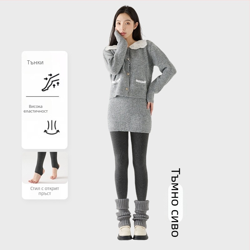 Дамски клин с флис отвътре, дебел и с вертикални райета, висока еластичност, дължина три четвърти, едноцял чорапогащник с анти-плъзгане