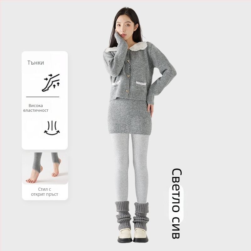 Дамски клин с флис отвътре, дебел и с вертикални райета, висока еластичност, дължина три четвърти, едноцял чорапогащник с анти-плъзгане