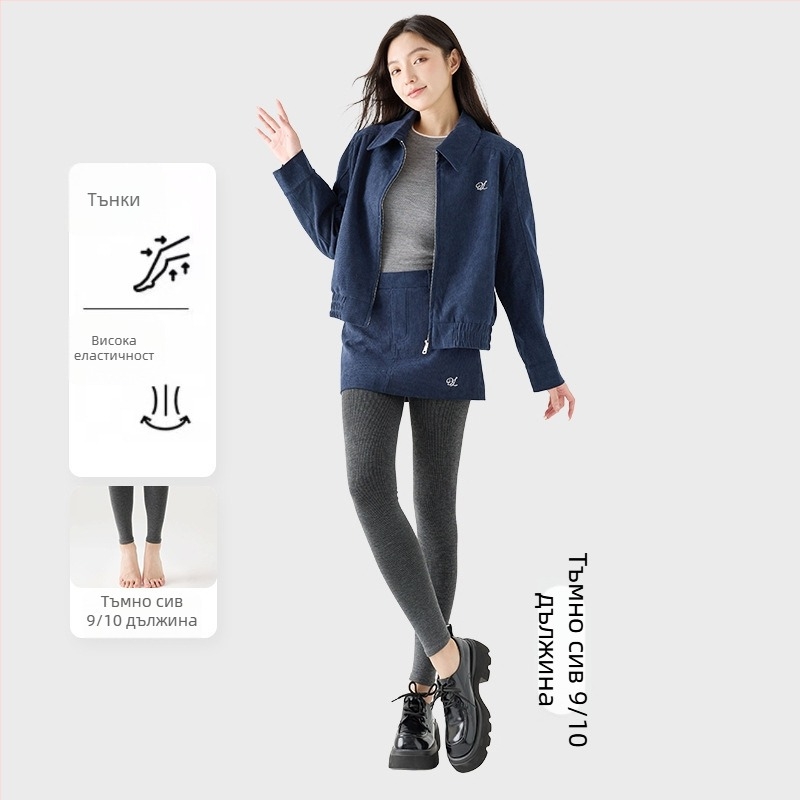 Дамски клин с флис отвътре, дебел и с вертикални райета, висока еластичност, дължина три четвърти, едноцял чорапогащник с анти-плъзгане