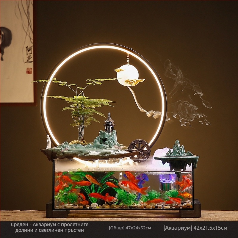Керамичен настолен аквариум за златни рибки с автономен фонтан, ръчна изработка, стил Нов Китайски, настолен декор, подарък