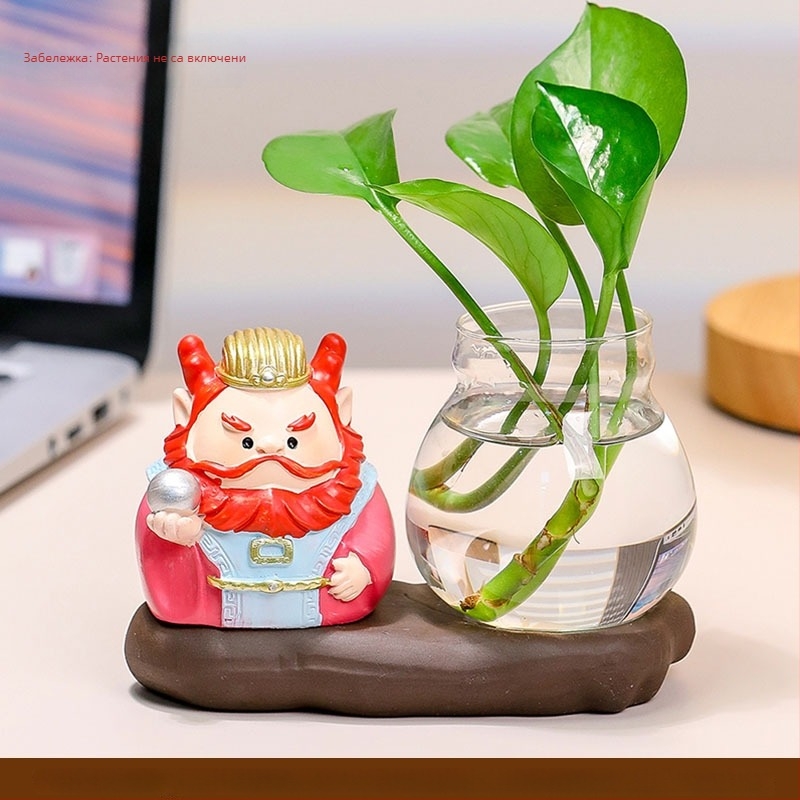 Офисна декоративна фигурка: Zhong Kui с хидропонична ваза и пет богове на богатството, изработена от смола