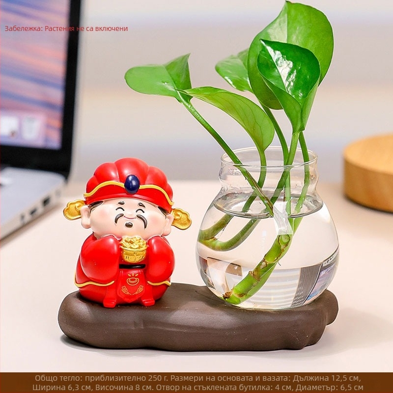 Офисна декоративна фигурка: Zhong Kui с хидропонична ваза и пет богове на богатството, изработена от смола