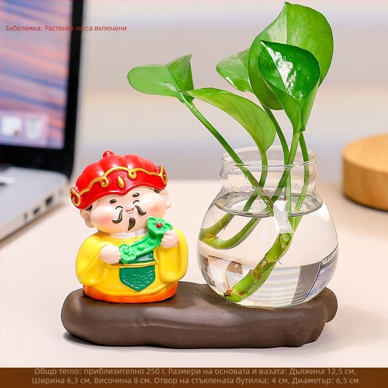 Офисна декоративна фигурка: Zhong Kui с хидропонична ваза и пет богове на богатството, изработена от смола