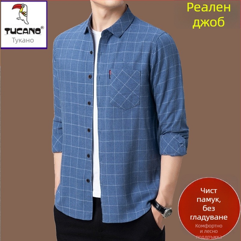 Риза от лен 96%+, каре шарка, дълги ръкави, свободен силует