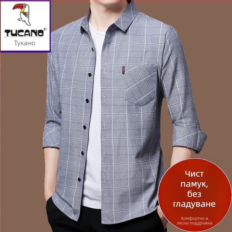 Риза от лен 96%+, каре шарка, дълги ръкави, свободен силует