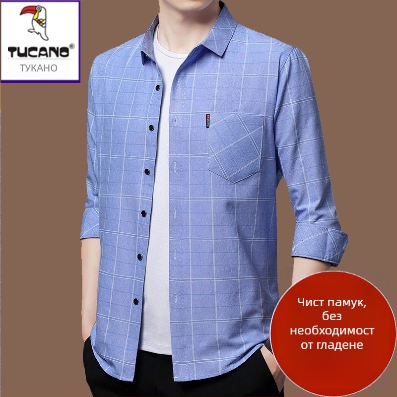 Риза от лен 96%+, каре шарка, дълги ръкави, свободен силует