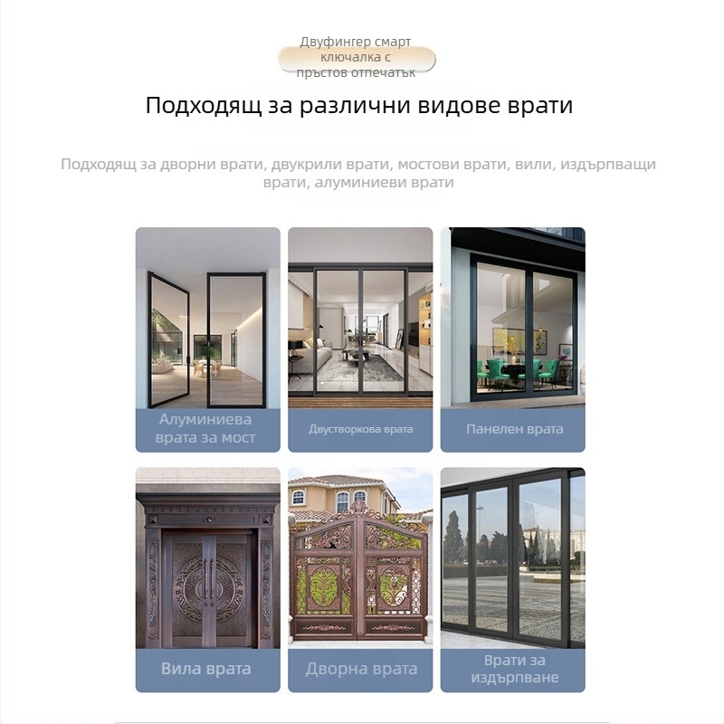 Умна брава за алуминиева врата с двойно разпознаване: пръстов отпечатък, парола и карта; водоустойчива, тънък кант. Съхранява до 100 отпечатъка; над 100000 отключвания; сканиране <0.05 сек; материал: алуминиева сплав.