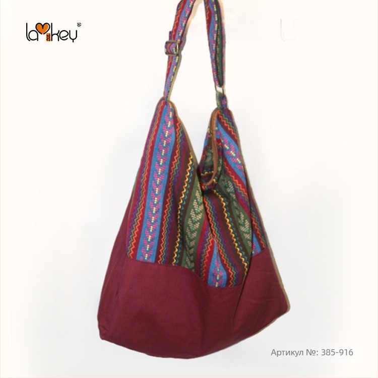 Женска раменна чанта в етнически стил, памучна тъкан, принт на ивици, с цип и памучна подплата, една презрамка